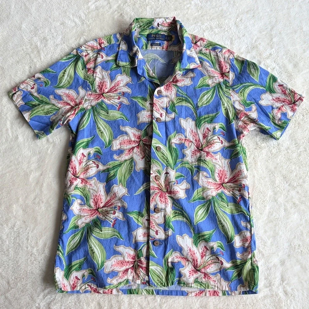 Polo Ralph Lauren Camp Short Sleeve Shirt Blue Floral Lily Cotton Men's Small